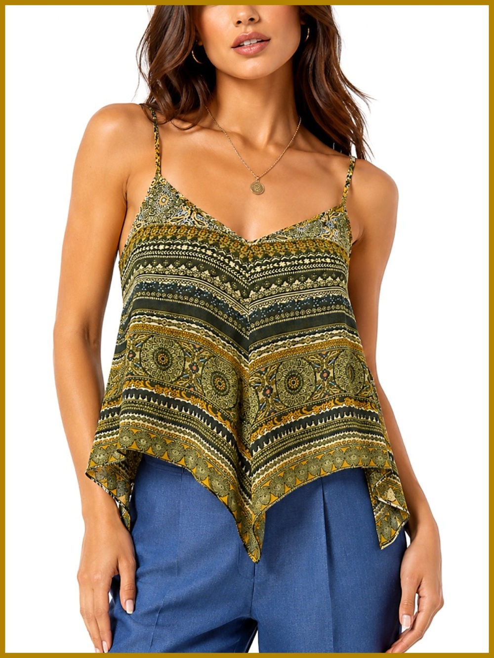 BCBGMaxAzria Green Printed Camisole Handkerchief Top